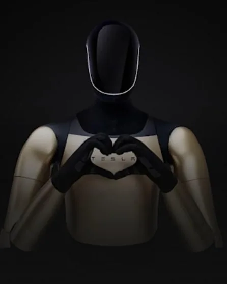 Robot humanoide haciendo un corazón con las manos sobre fondo oscuro